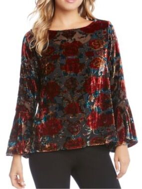 Karen Kane Women’s Red Multi Velvet Burnout Floral Bell Sleeve Top. Large. NWT.‎